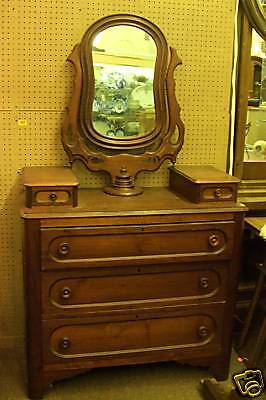 Original Antique Walnut Wishbone Dresser Vanity with Mirror w 5 