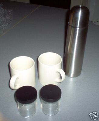 THERMOS W/MUGS/SUGAR/CREAMER/SPOONS STAINLESS STEEL  