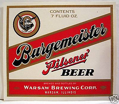 Burgemeister Pilsner Beer Bottle Label Warsaw, Illinois  